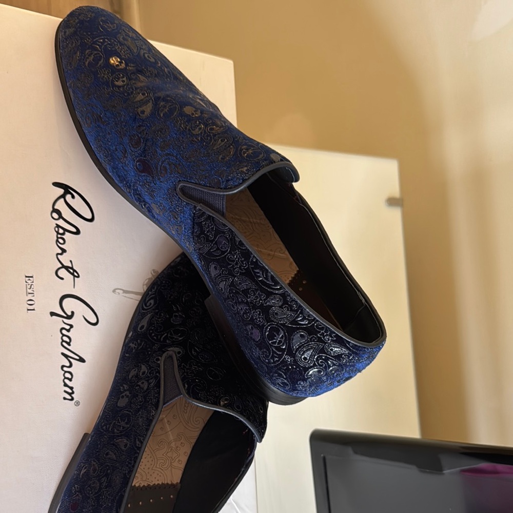 Robert Graham Blue Loafers with Velvet Texture and Quilted Design